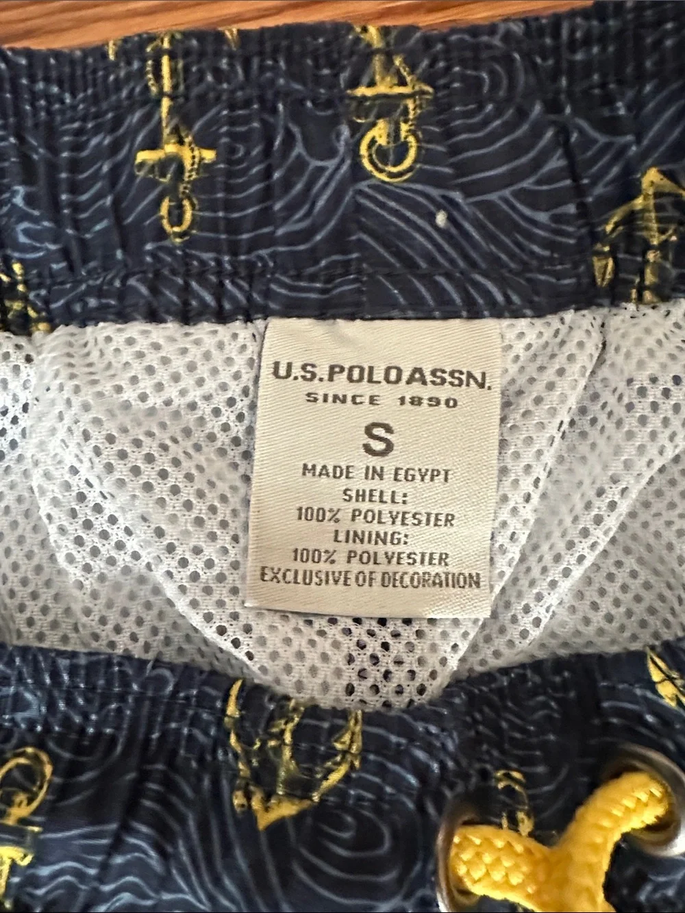 U.S. Polo Assn. Navy Swim Trunks with Yellow Anchor Print and Drawcord